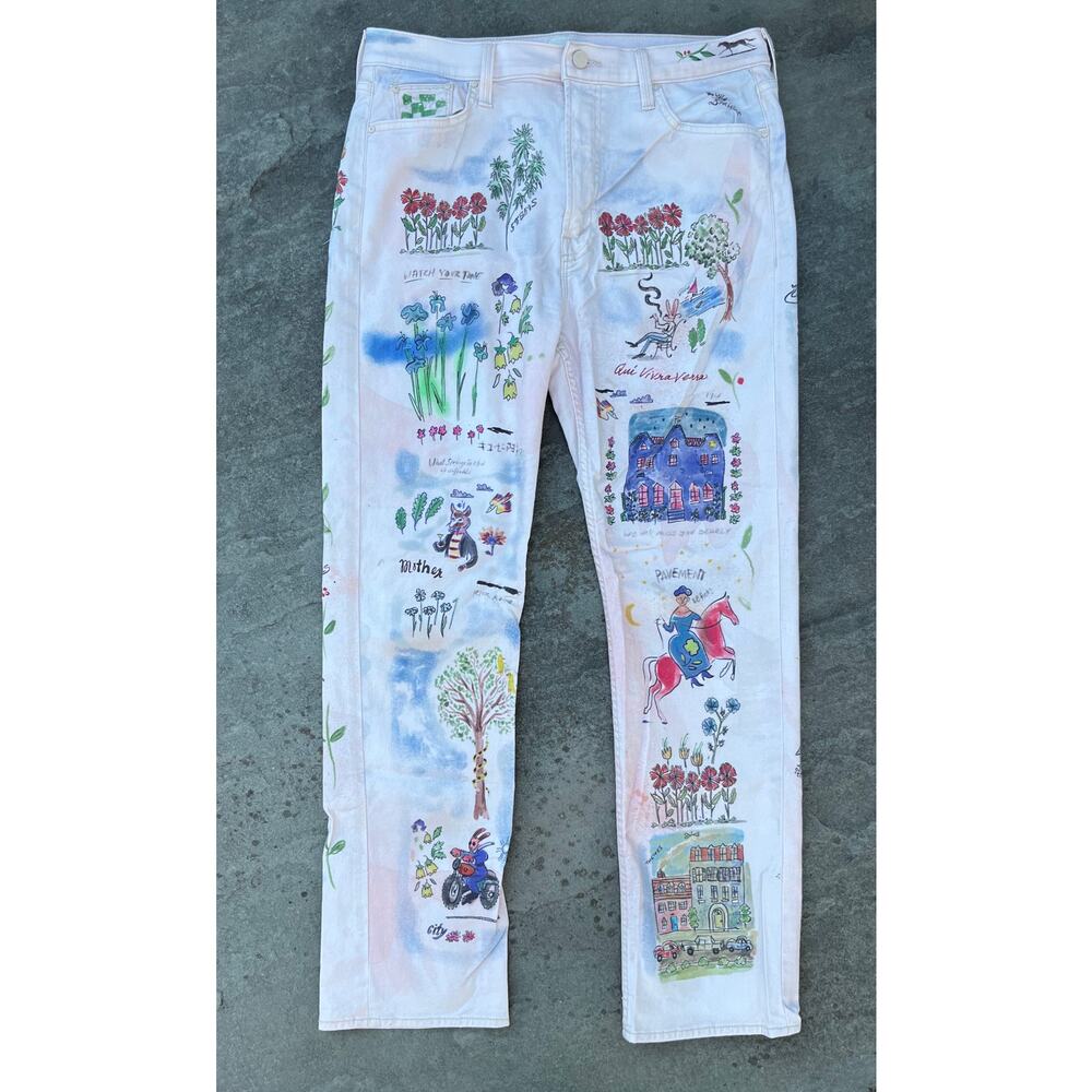 MOTHER The Rider Skimp Straight Leg Jeans Moto-Rabbit Distressed Paint 34 🎨 - Picture 3 of 13